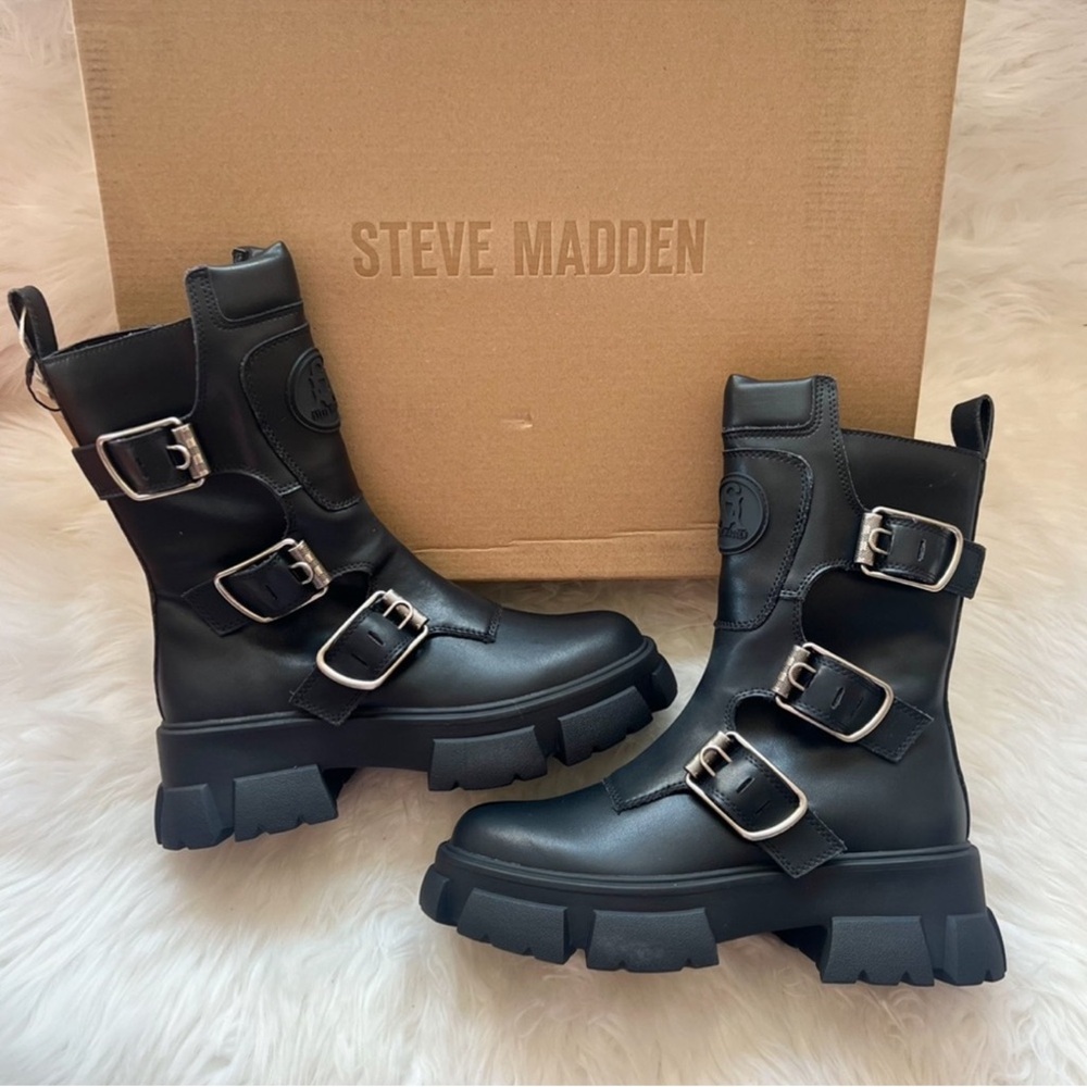 ❤️SOLD❤️ Steve Madden Chunky Sole Platform Moto Combat Boots in Black Leather - Picture 2 of 11